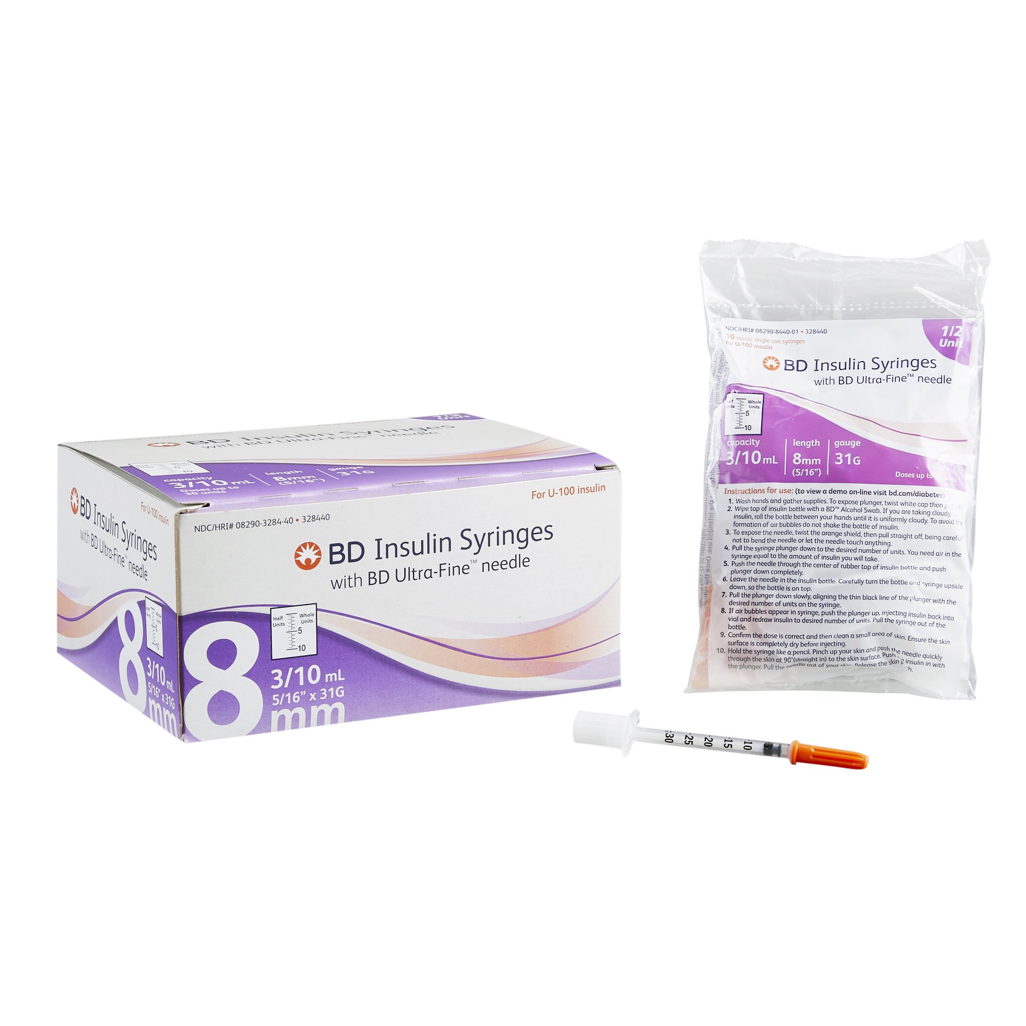 Syringe 3/10cc Insulin Syringe with Needle Ultra-Fine™ 0.3 mL 31 Gauge 5/16 Inch Regular Wall NonSafety (100/BX 5BX/CS) by BD  ID 328440